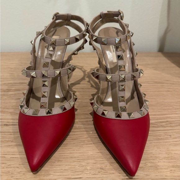 Valentino Red Pointed-Toe Rockstud T-Strap Pumps with Nude Straps - Picture 13 of 15